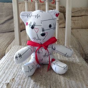 EKG & heart print teddy bear, handcrafted, new